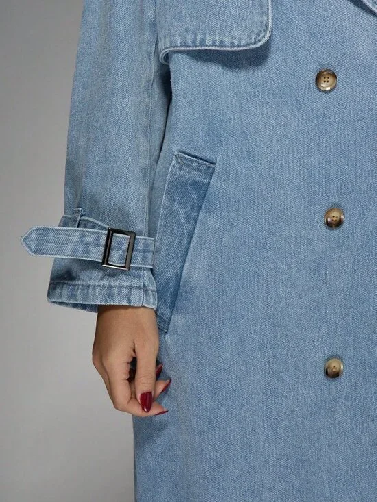 Light Wash Oversized Denim Women's Long Double Breasted Trench Coat - Picture 7 of 7